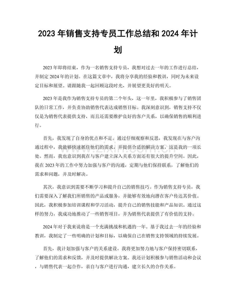 2023年销售支持专员工作总结和2024年计划.docx_第1页