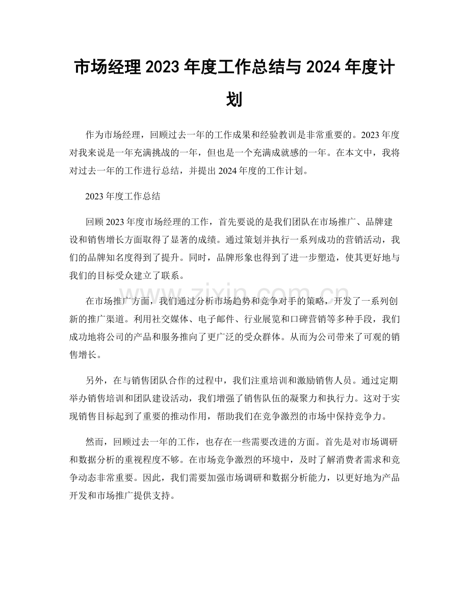 市场经理2023年度工作总结与2024年度计划.docx_第1页