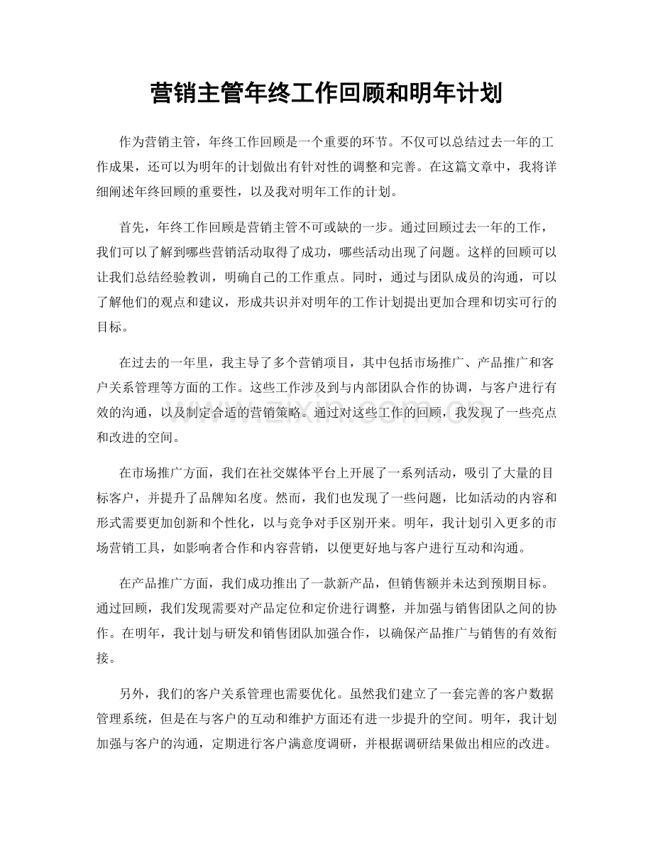 营销主管年终工作回顾和明年计划.docx_第1页