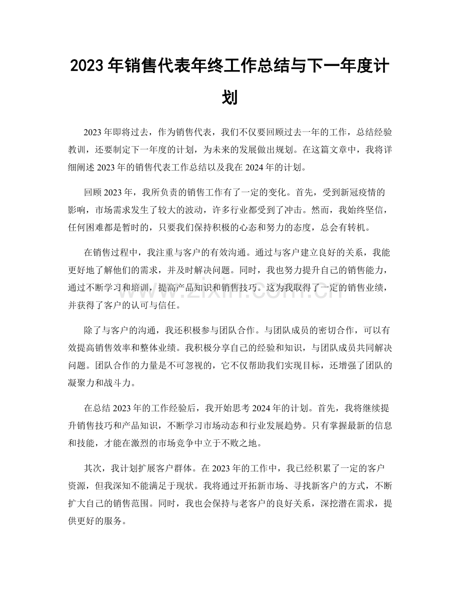 2023年销售代表年终工作总结与下一年度计划.docx_第1页