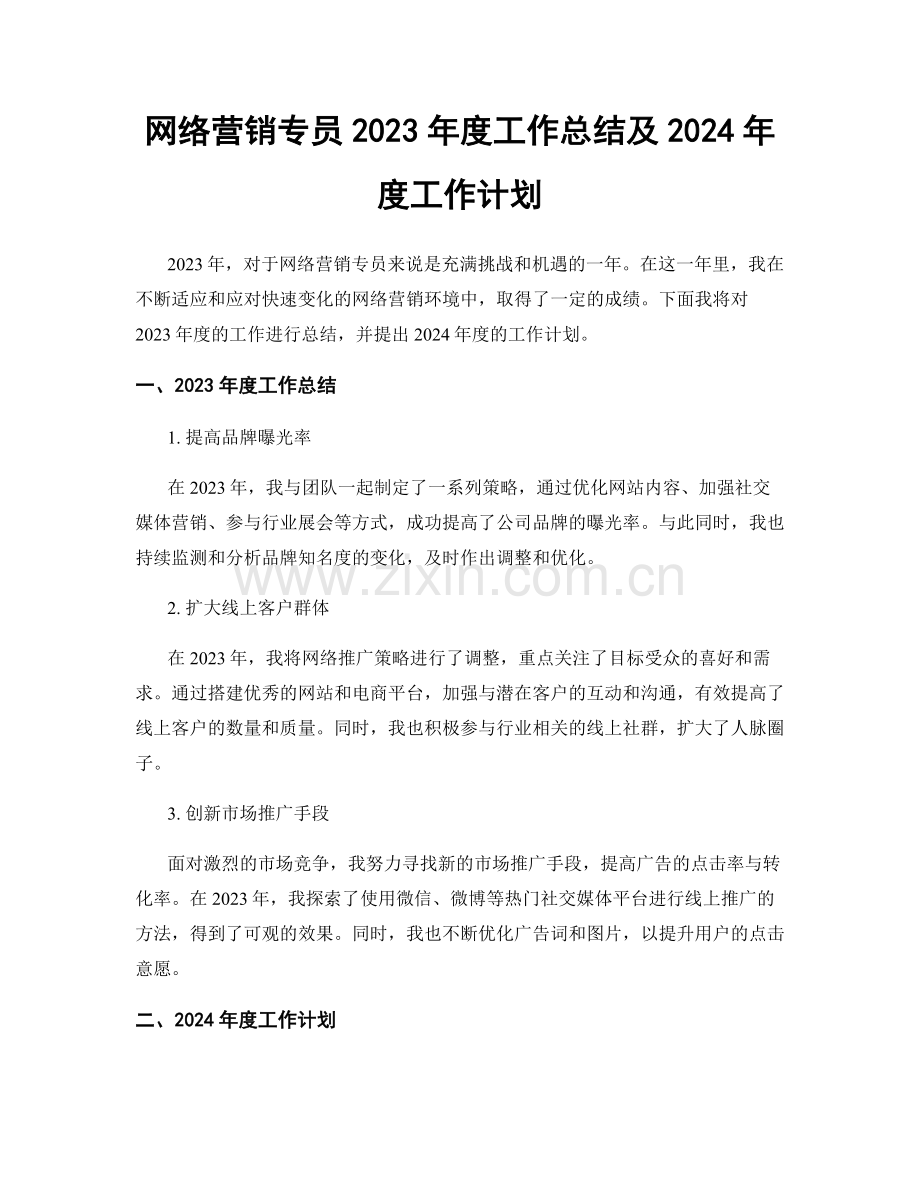 网络营销专员2023年度工作总结及2024年度工作计划.docx_第1页