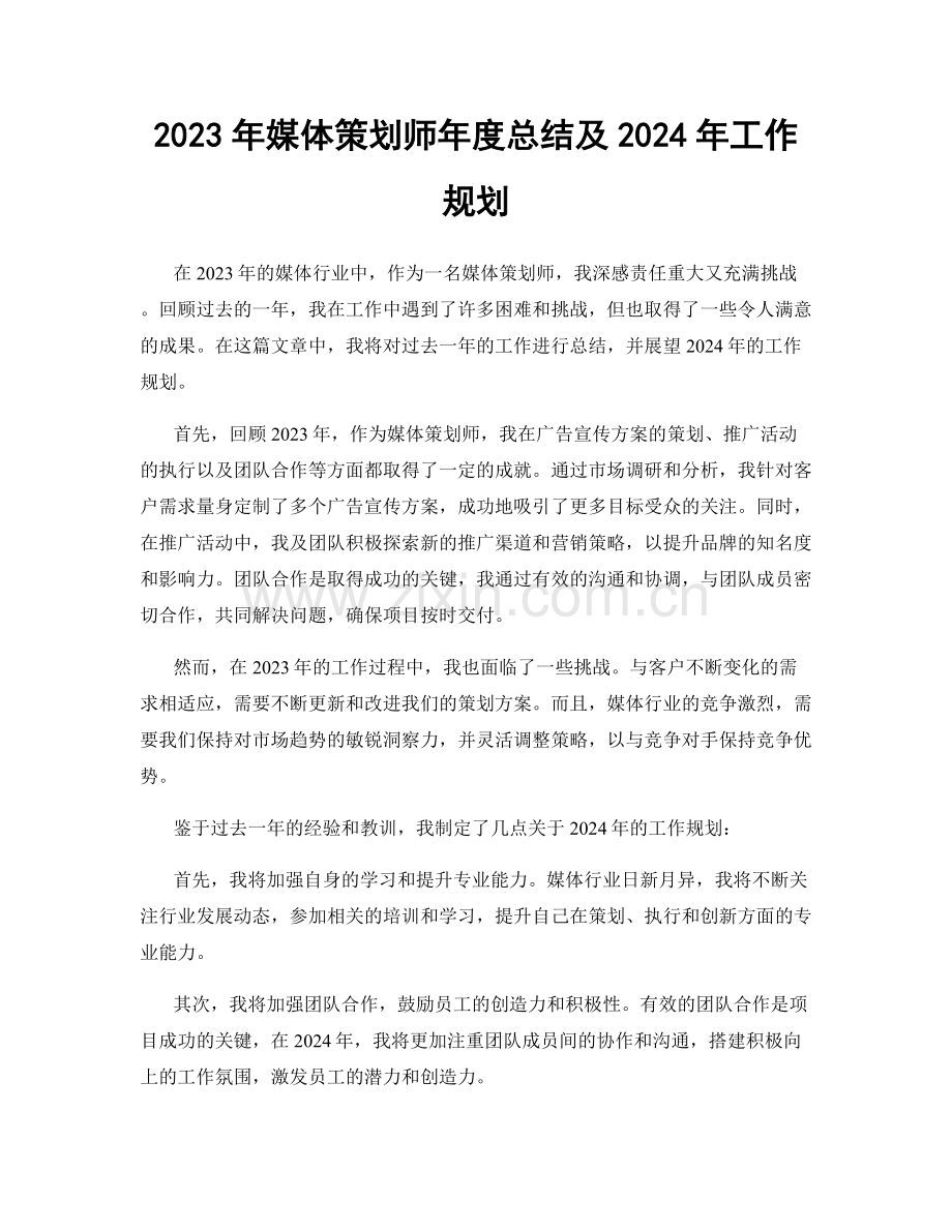 2023年媒体策划师年度总结及2024年工作规划.docx_第1页