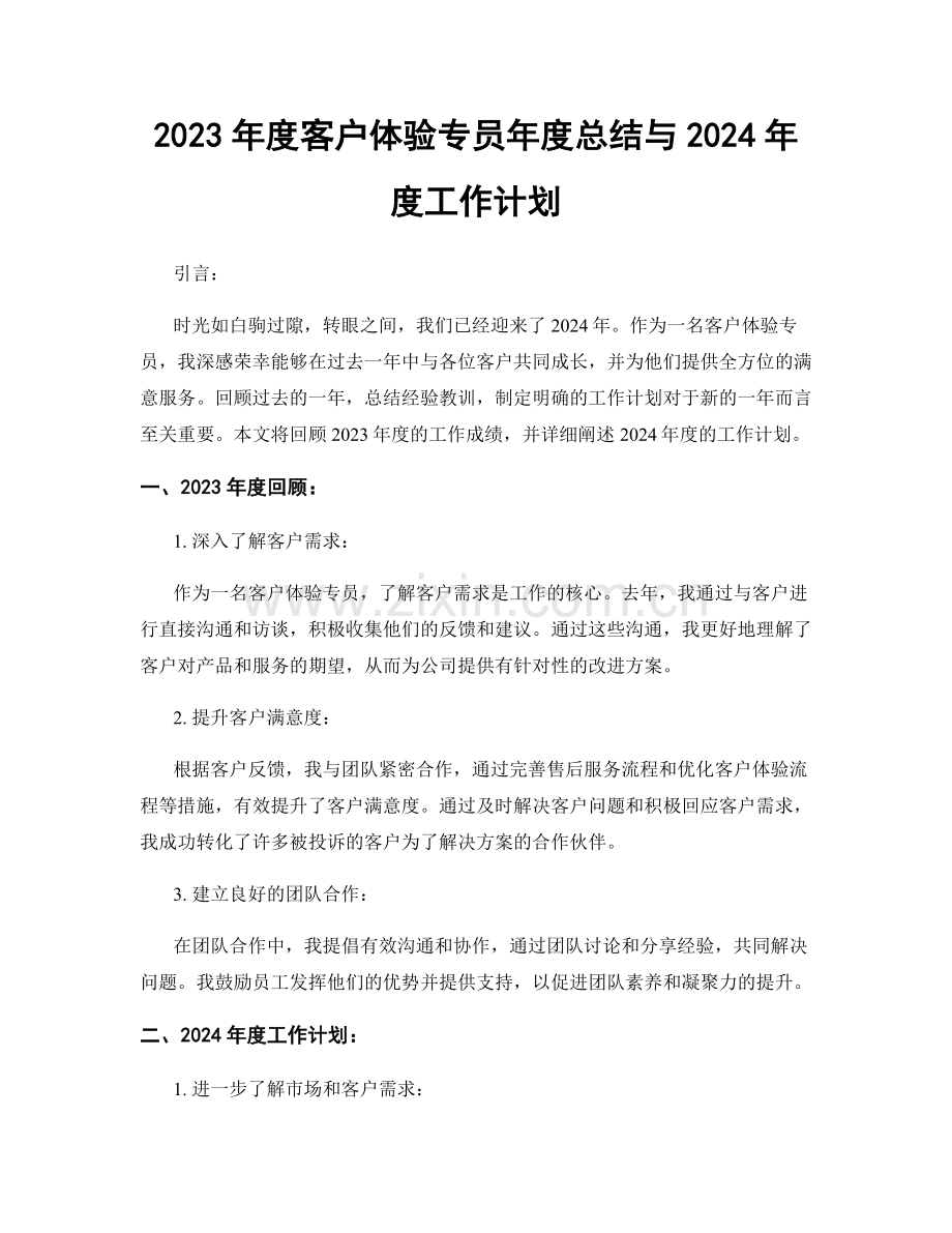 2023年度客户体验专员年度总结与2024年度工作计划.docx_第1页