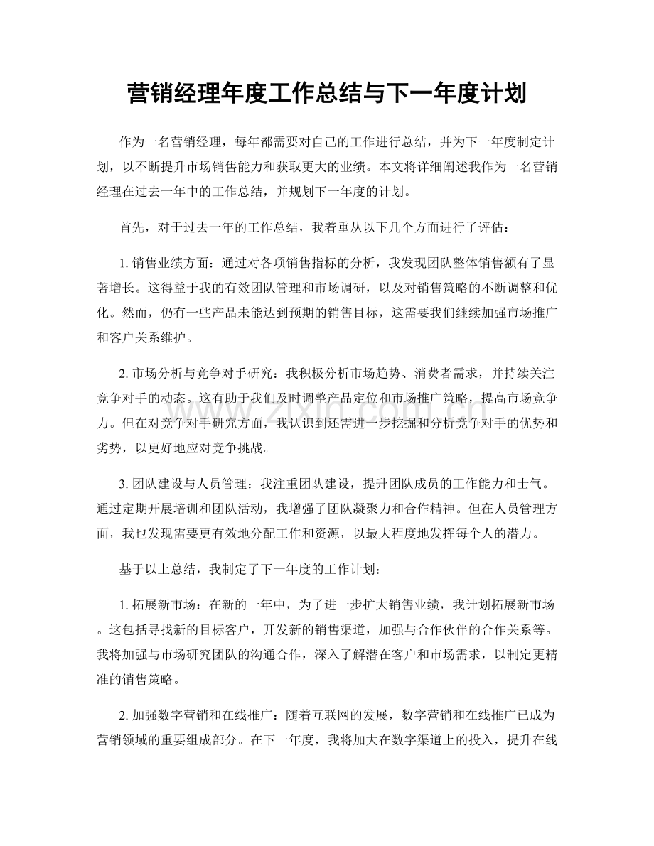 营销经理年度工作总结与下一年度计划.docx_第1页