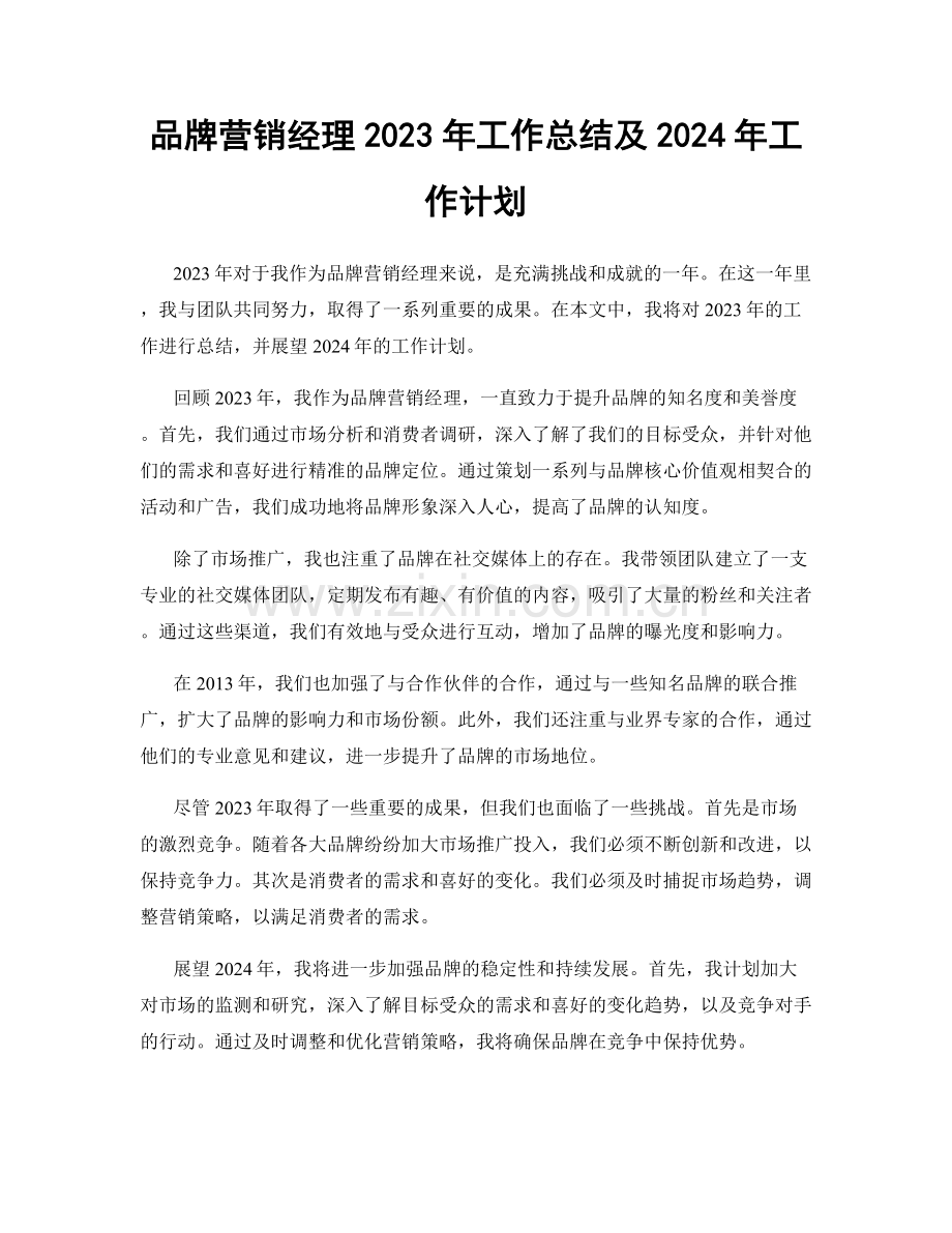 品牌营销经理2023年工作总结及2024年工作计划.docx_第1页