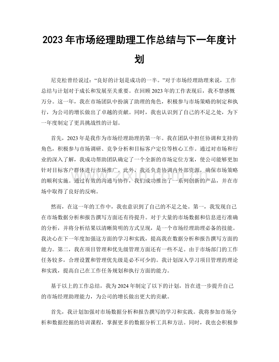 2023年市场经理助理工作总结与下一年度计划.docx_第1页