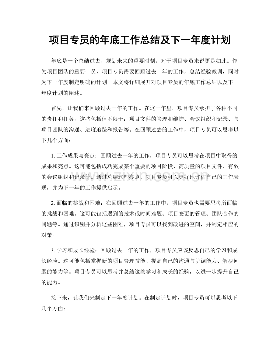 项目专员的年底工作总结及下一年度计划.docx_第1页