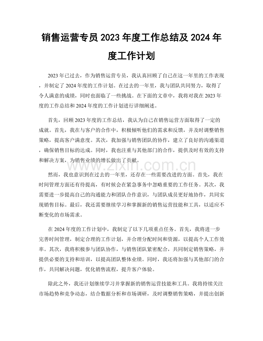 销售运营专员2023年度工作总结及2024年度工作计划.docx_第1页