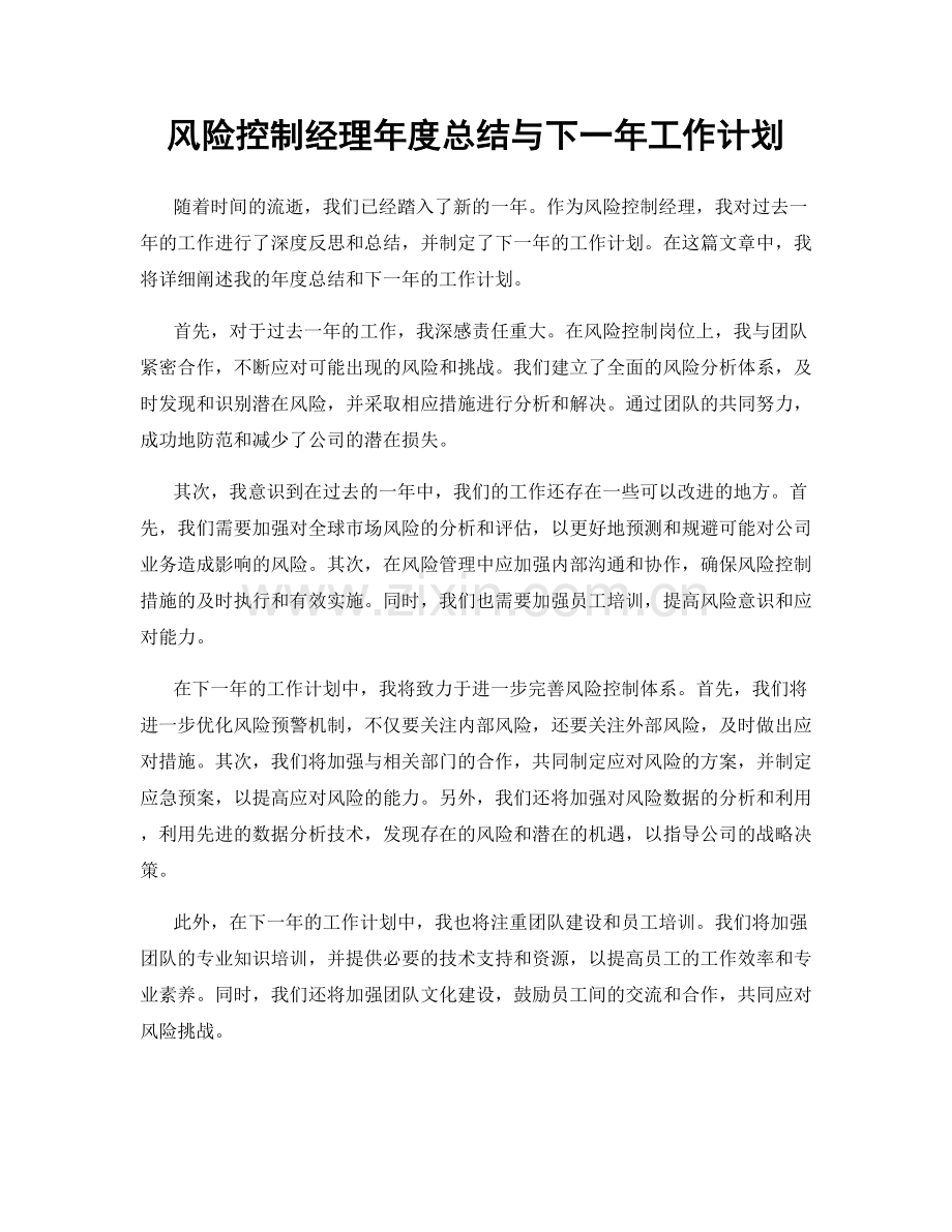 风险控制经理年度总结与下一年工作计划.docx_第1页