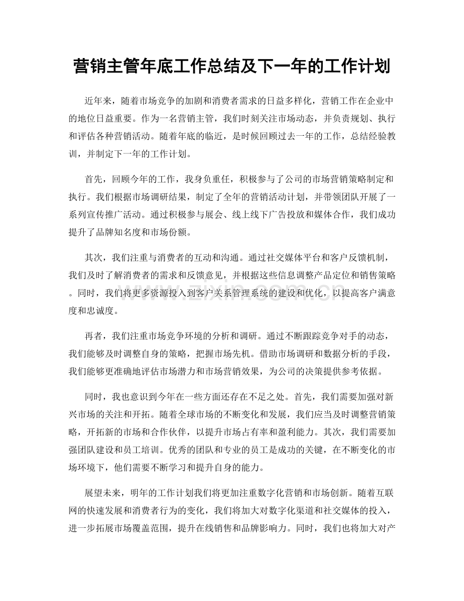 营销主管年底工作总结及下一年的工作计划.docx_第1页