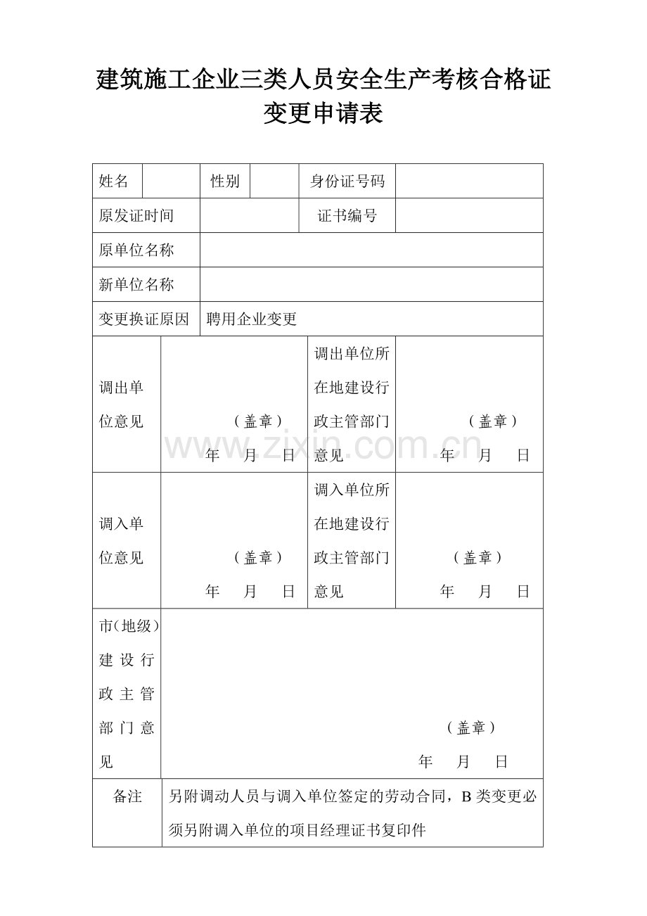 建筑施工企业三类人员安全生产考核合格证变更申请表.doc_第1页