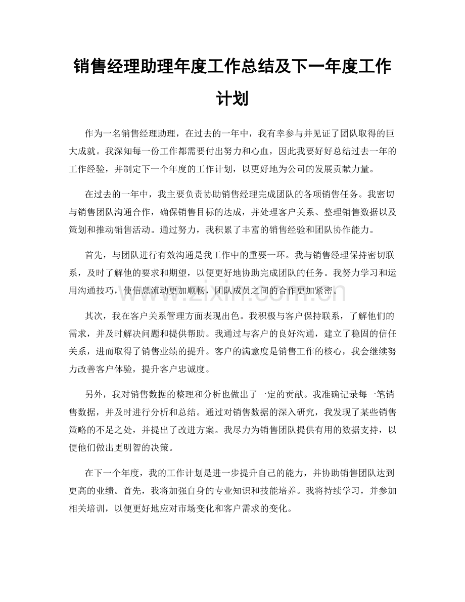 销售经理助理年度工作总结及下一年度工作计划.docx_第1页