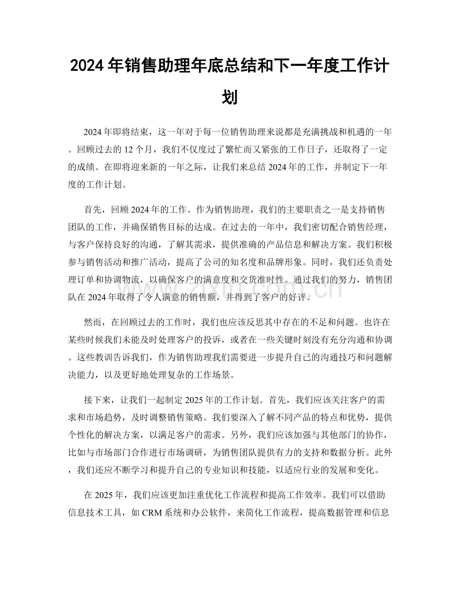 2024年销售助理年底总结和下一年度工作计划.docx_第1页