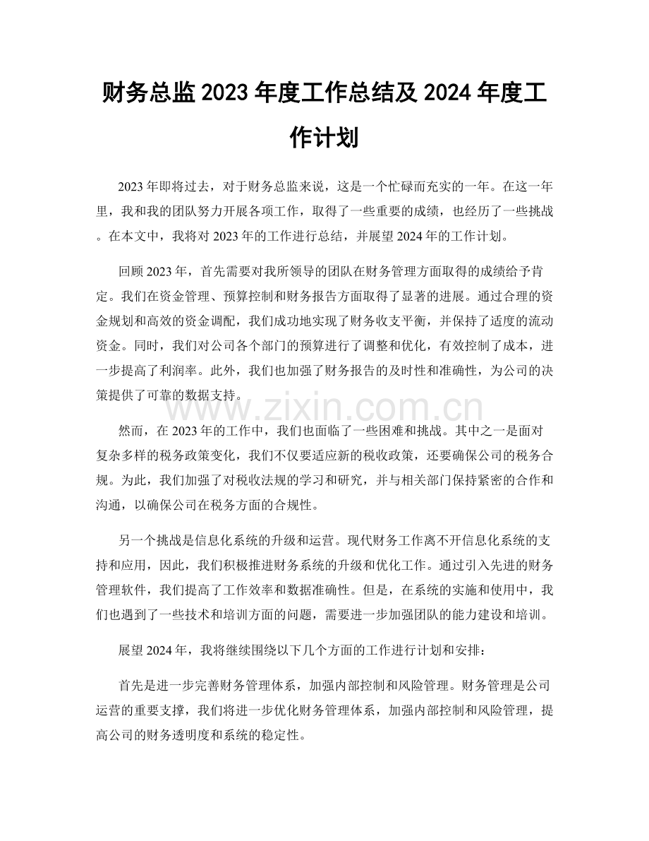 财务总监2023年度工作总结及2024年度工作计划.docx_第1页