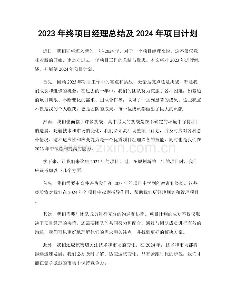 2023年终项目经理总结及2024年项目计划.docx_第1页