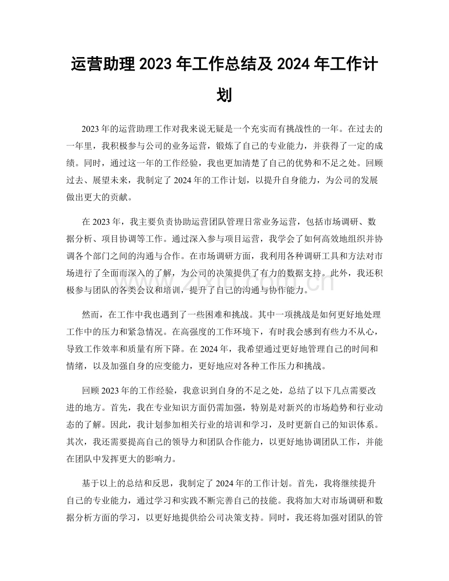 运营助理2023年工作总结及2024年工作计划.docx_第1页