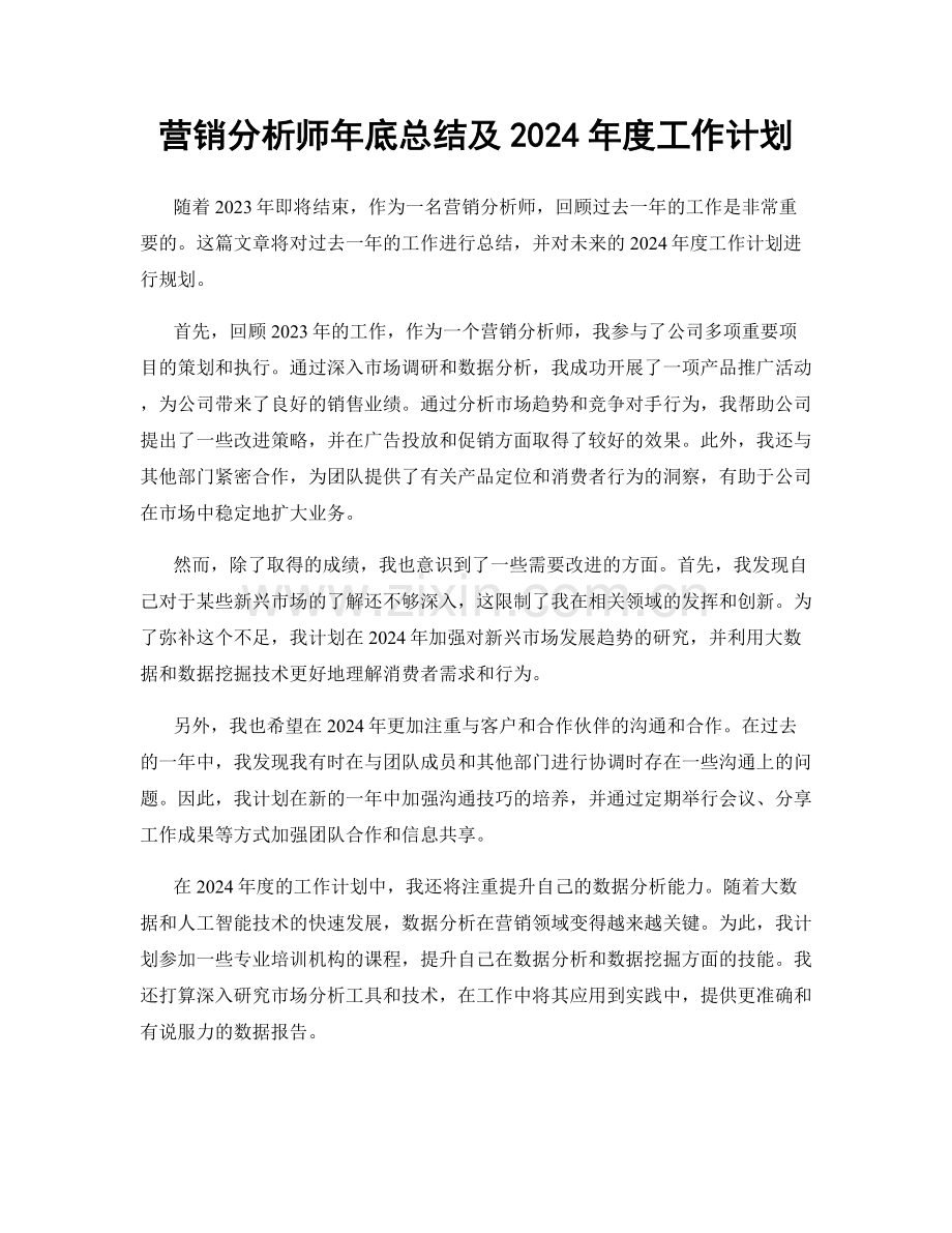 营销分析师年底总结及2024年度工作计划.docx_第1页