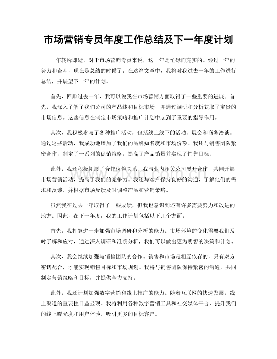 市场营销专员年度工作总结及下一年度计划.docx_第1页