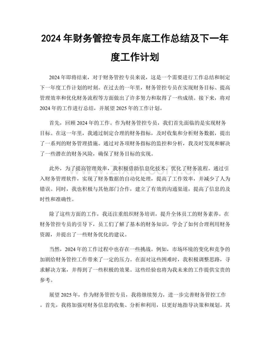 2024年财务管控专员年底工作总结及下一年度工作计划.docx_第1页