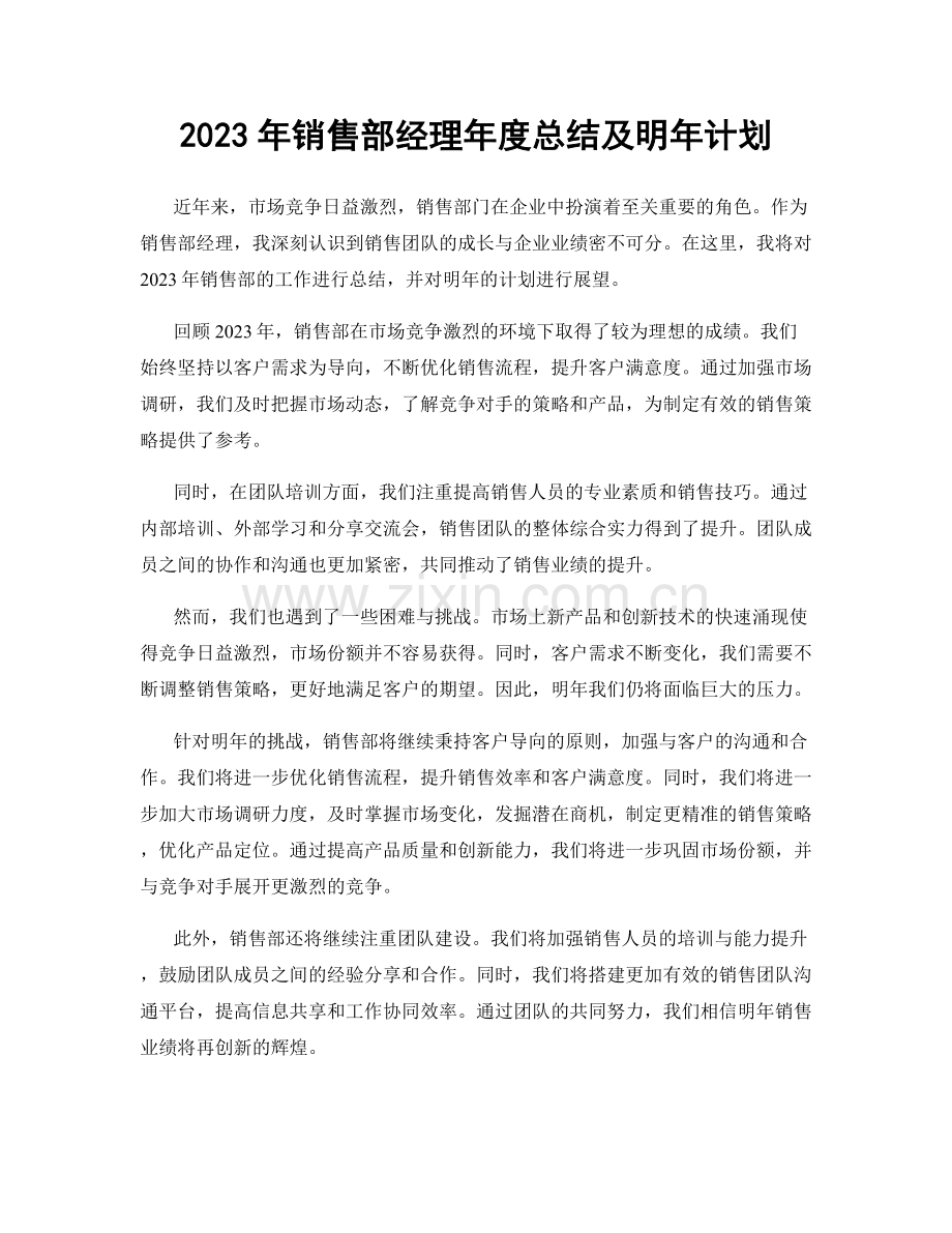 2023年销售部经理年度总结及明年计划.docx_第1页