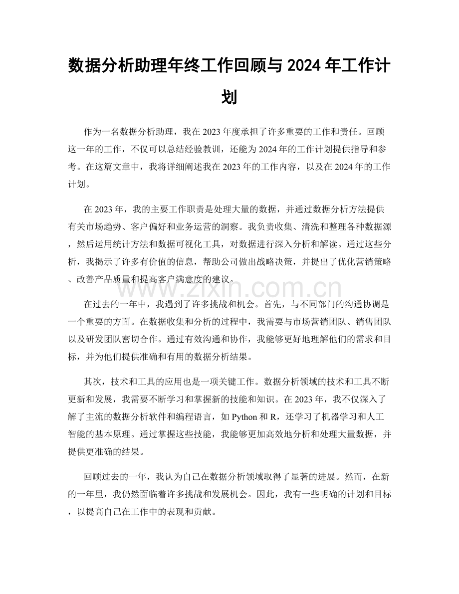 数据分析助理年终工作回顾与2024年工作计划.docx_第1页