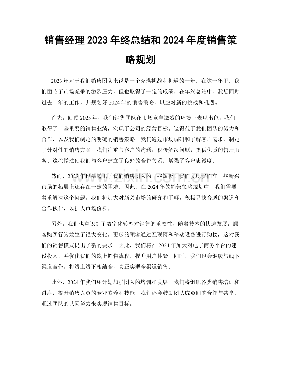 销售经理2023年终总结和2024年度销售策略规划.docx_第1页