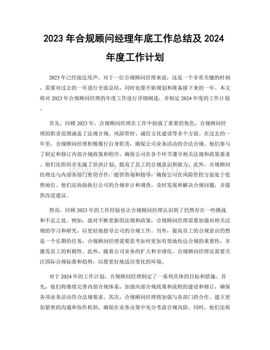 2023年合规顾问经理年底工作总结及2024年度工作计划.docx_第1页