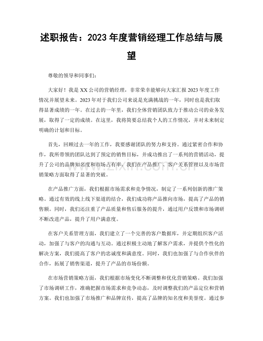 述职报告：2023年度营销经理工作总结与展望.docx_第1页