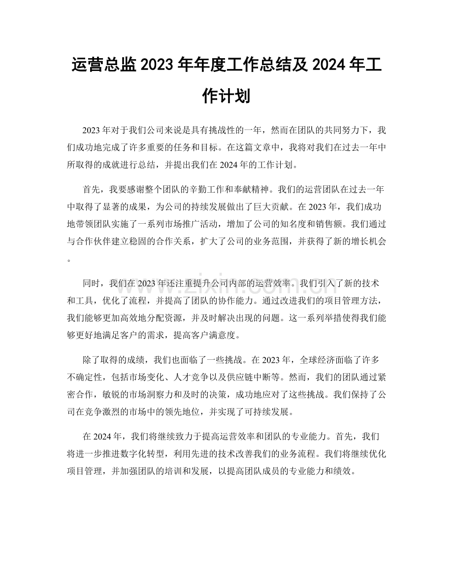 运营总监2023年年度工作总结及2024年工作计划.docx_第1页