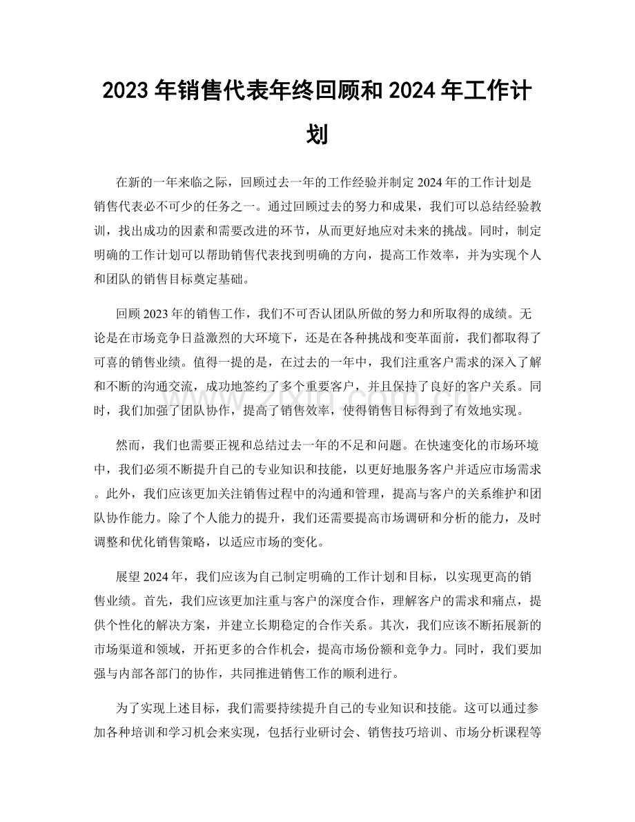 2023年销售代表年终回顾和2024年工作计划.docx_第1页