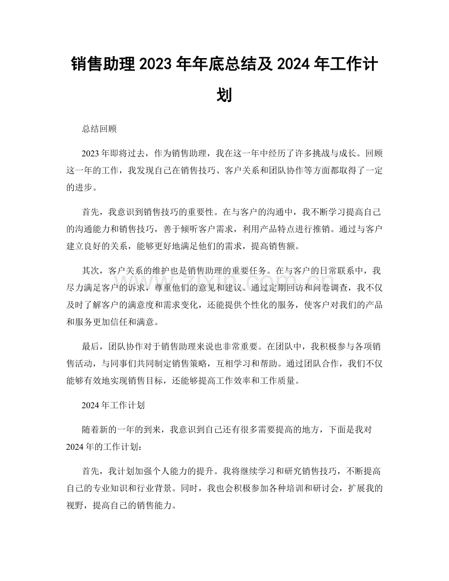 销售助理2023年年底总结及2024年工作计划.docx_第1页