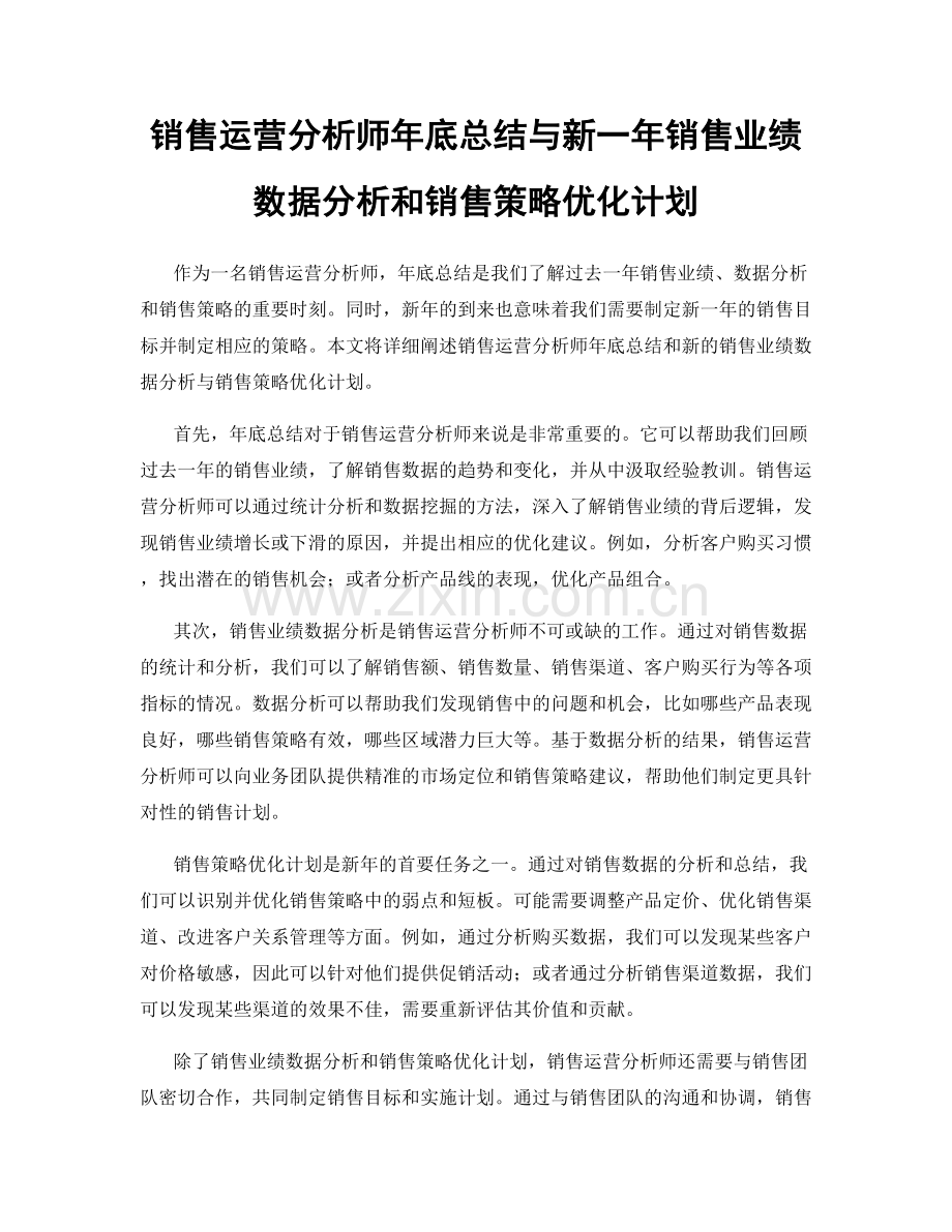 销售运营分析师年底总结与新一年销售业绩数据分析和销售策略优化计划.docx_第1页