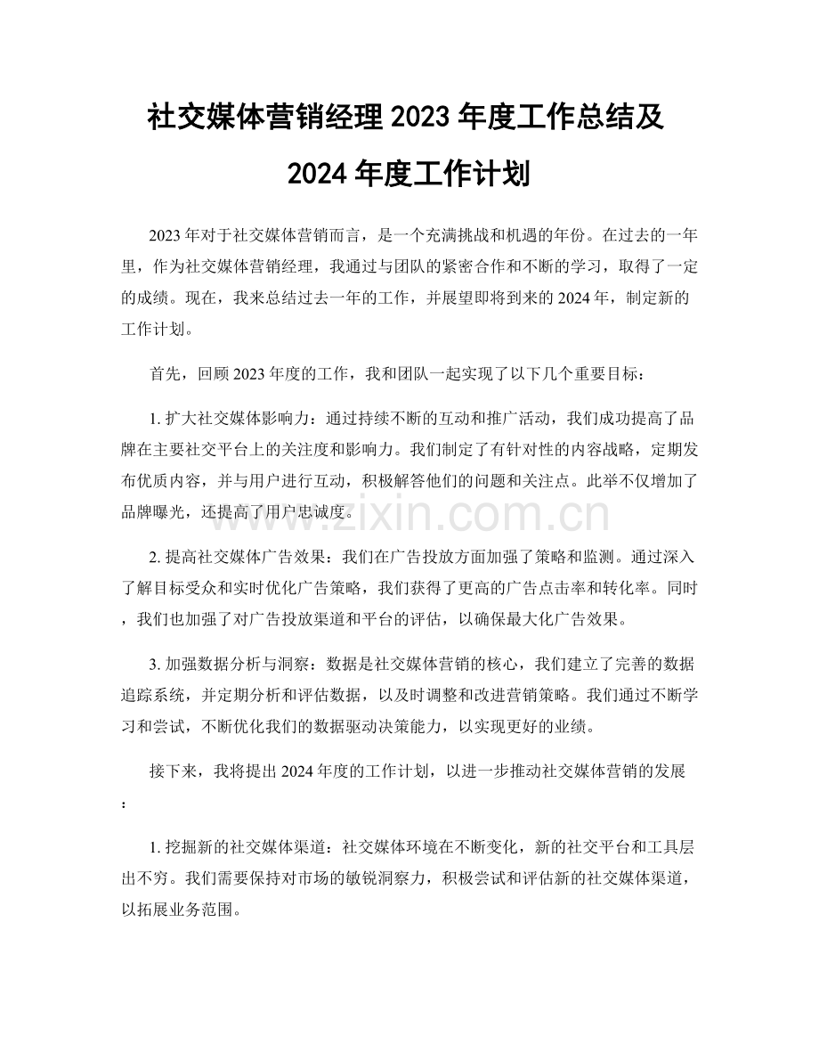 社交媒体营销经理2023年度工作总结及2024年度工作计划.docx_第1页