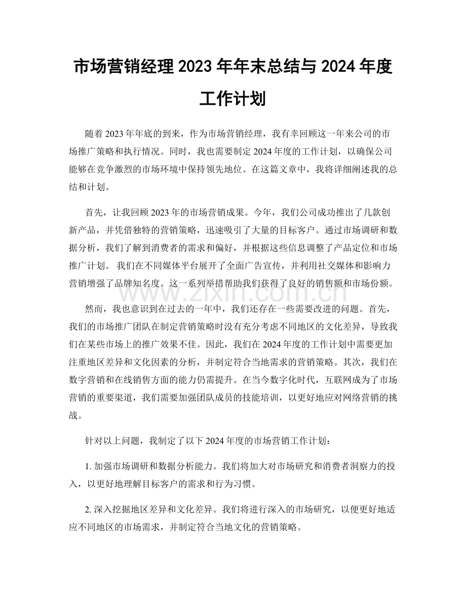 市场营销经理2023年年末总结与2024年度工作计划.docx_第1页