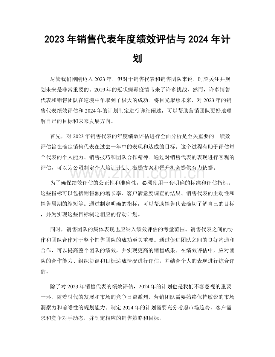 2023年销售代表年度绩效评估与2024年计划.docx_第1页