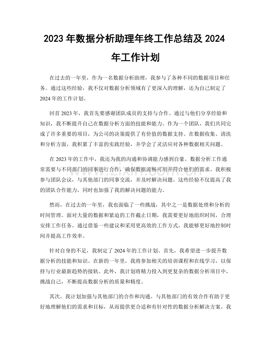 2023年数据分析助理年终工作总结及2024年工作计划.docx_第1页