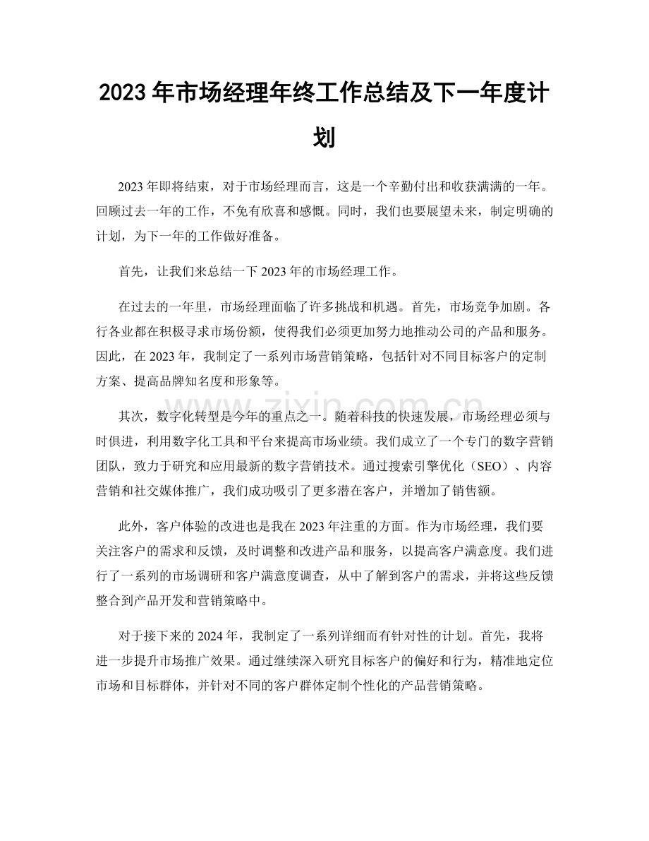 2023年市场经理年终工作总结及下一年度计划.docx_第1页