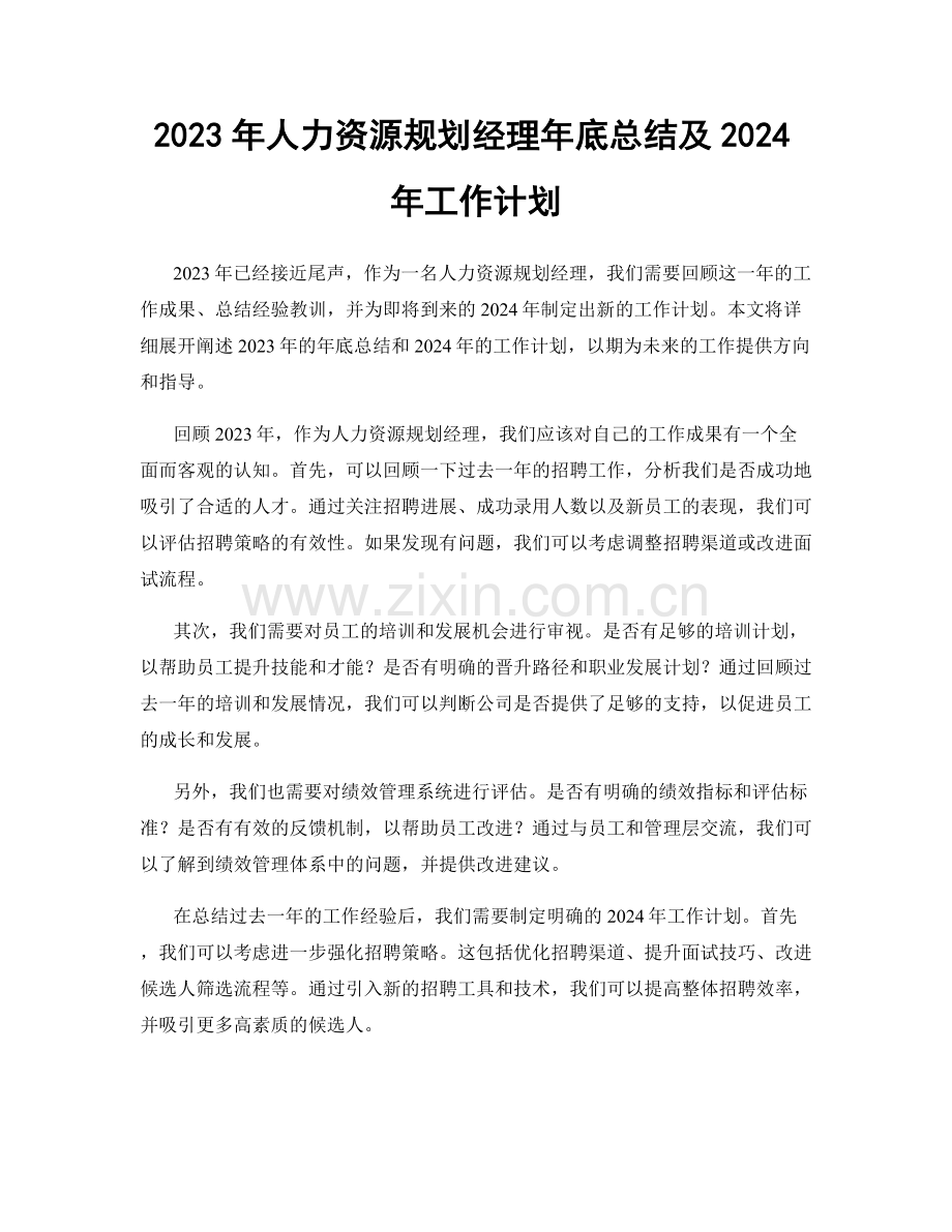 2023年人力资源规划经理年底总结及2024年工作计划.docx_第1页