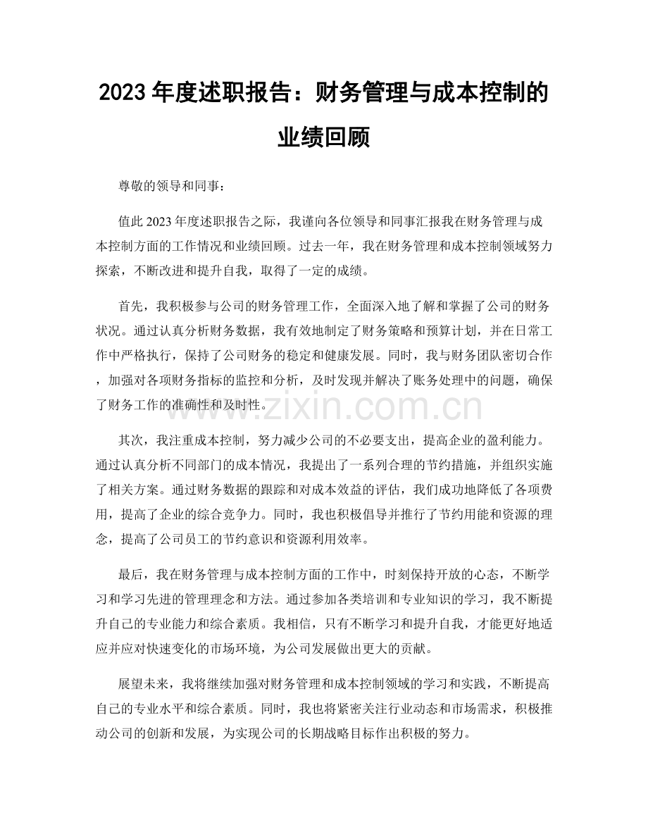 2023年度述职报告：财务管理与成本控制的业绩回顾.docx_第1页