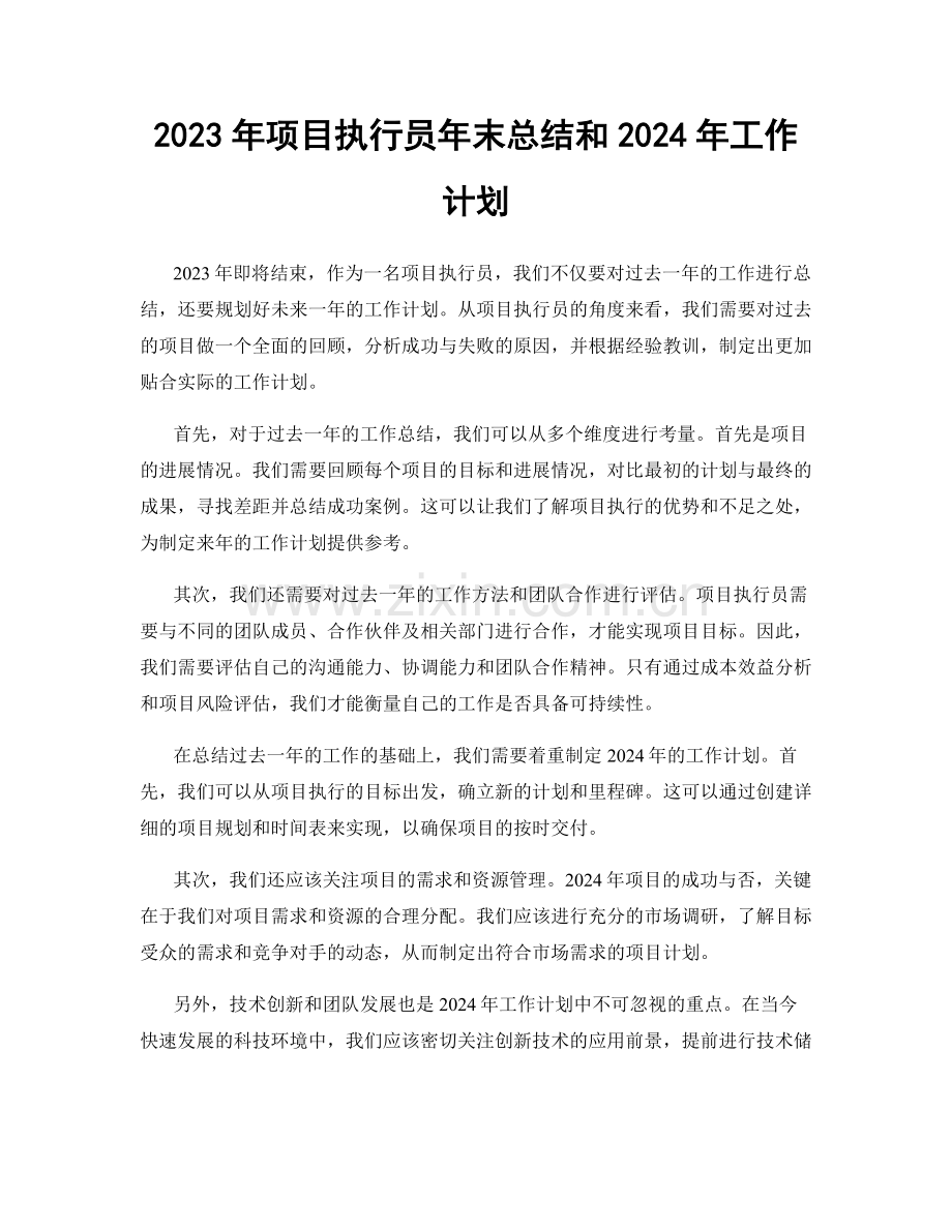 2023年项目执行员年末总结和2024年工作计划.docx_第1页