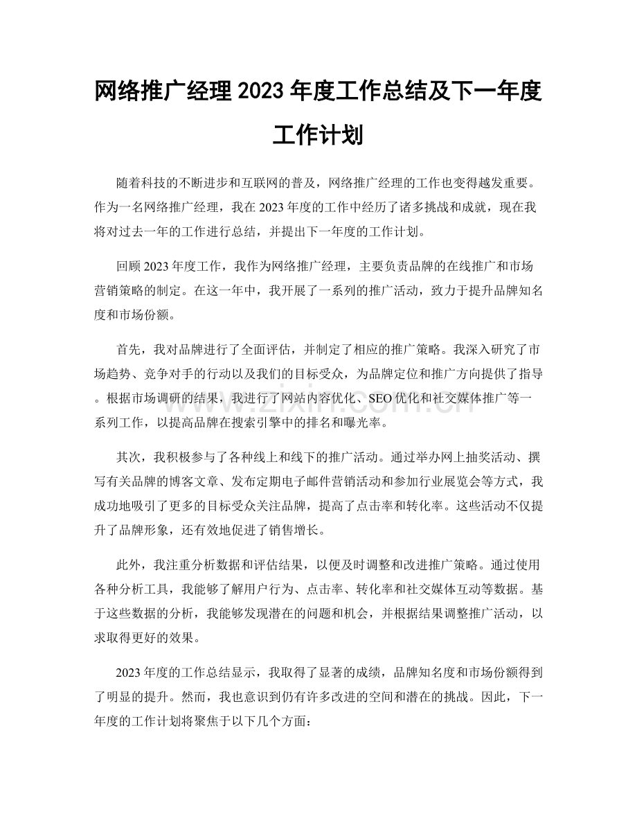 网络推广经理2023年度工作总结及下一年度工作计划.docx_第1页