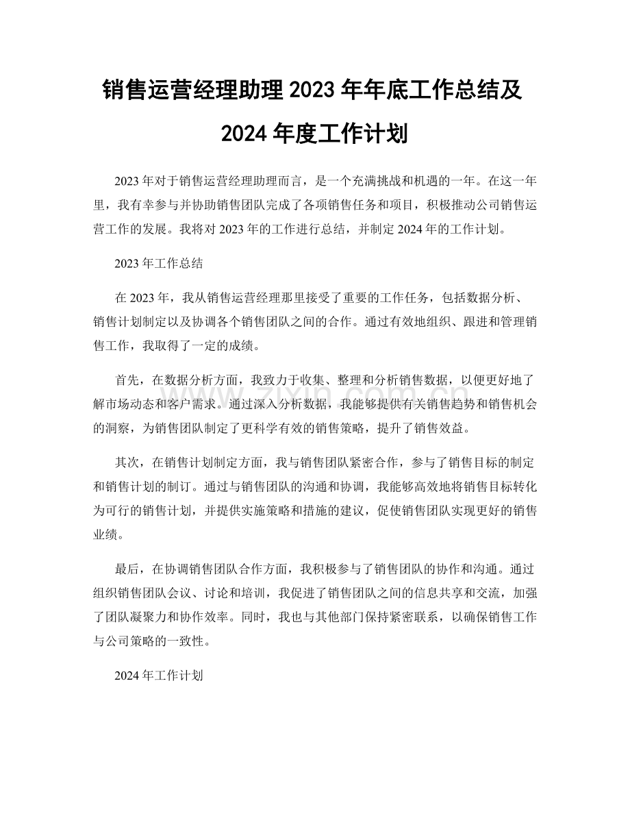 销售运营经理助理2023年年底工作总结及2024年度工作计划.docx_第1页