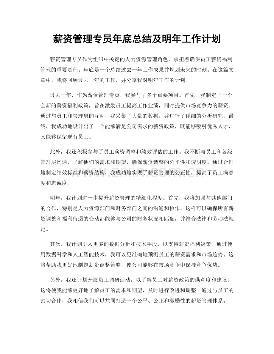 薪资管理专员年底总结及明年工作计划.docx_第1页