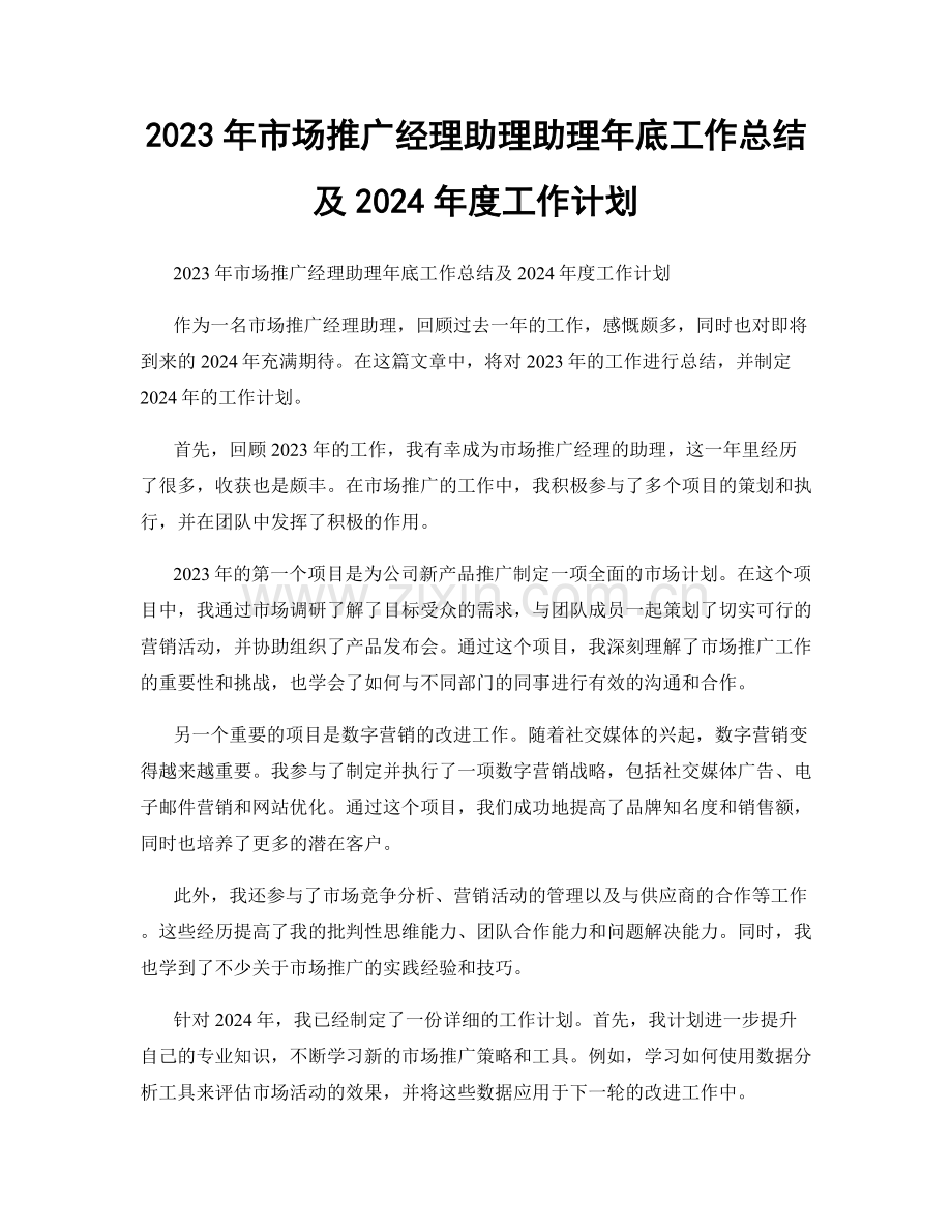 2023年市场推广经理助理助理年底工作总结及2024年度工作计划.docx_第1页