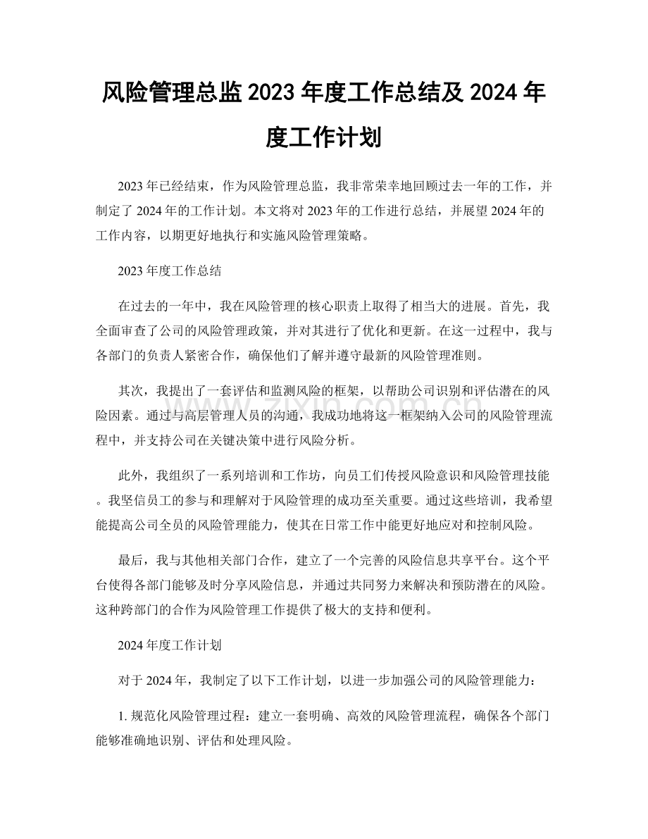 风险管理总监2023年度工作总结及2024年度工作计划.docx_第1页