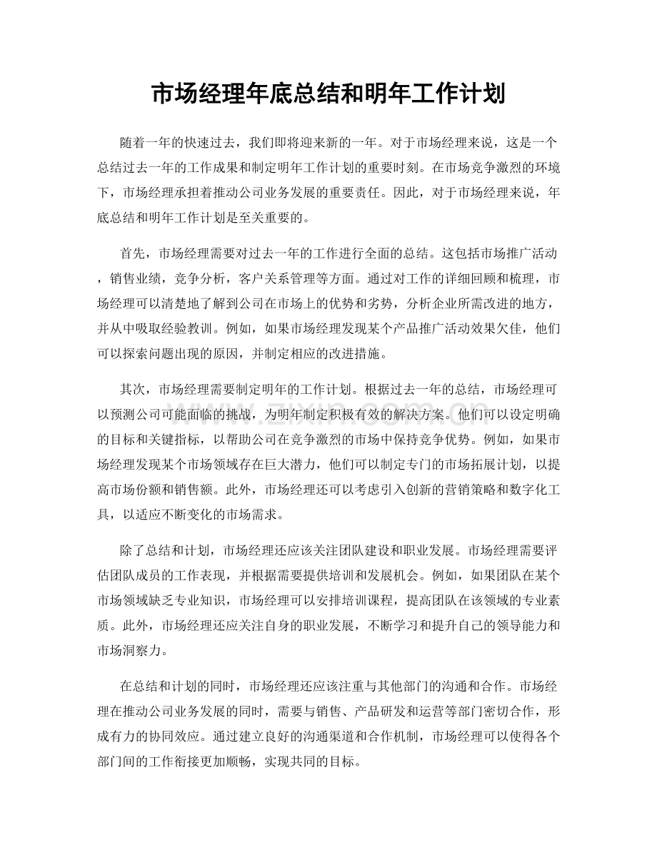 市场经理年底总结和明年工作计划.docx_第1页