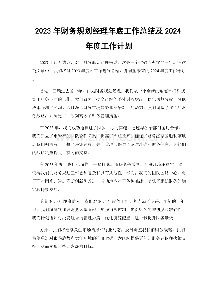 2023年财务规划经理年底工作总结及2024年度工作计划.docx_第1页