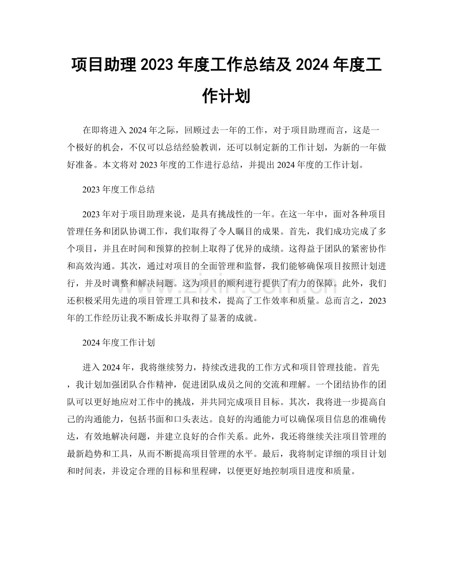 项目助理2023年度工作总结及2024年度工作计划.docx_第1页