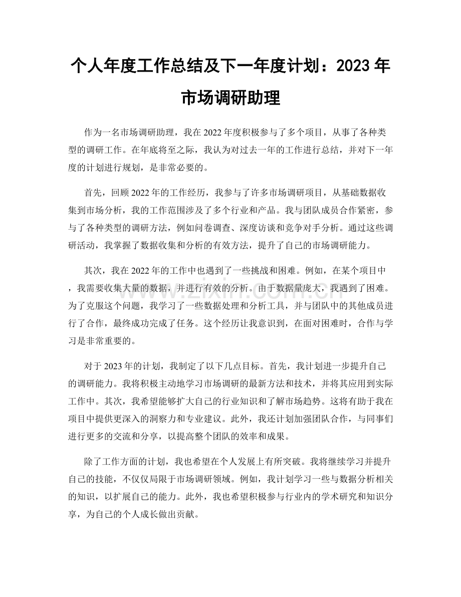 个人年度工作总结及下一年度计划：2023年市场调研助理.docx_第1页