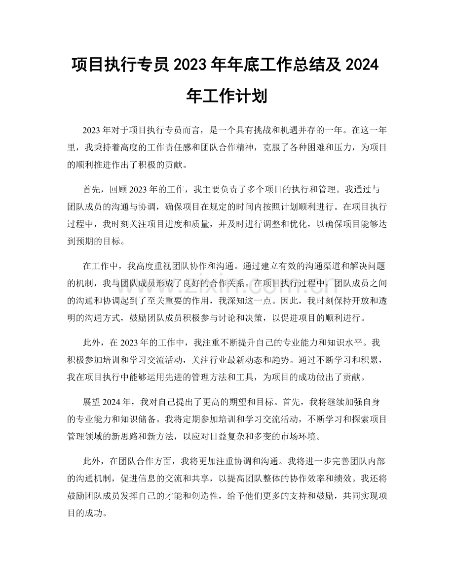 项目执行专员2023年年底工作总结及2024年工作计划.docx_第1页